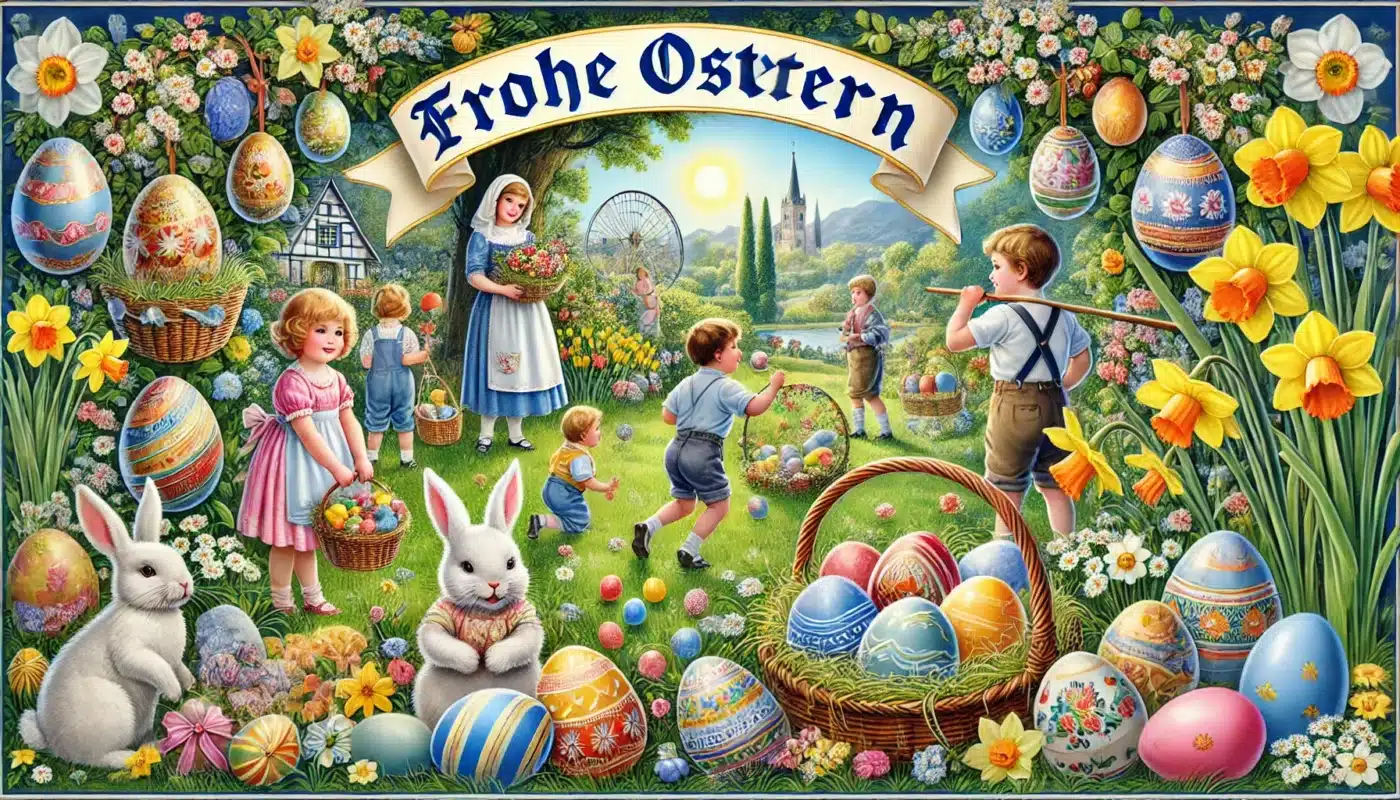DALL·E 2024 07 09 13.27.26 A detailed illustration celebrating Easter Frohe Ostern. The image shows a festive scene with colorful Easter eggs a cheerful Easter bunny and spr