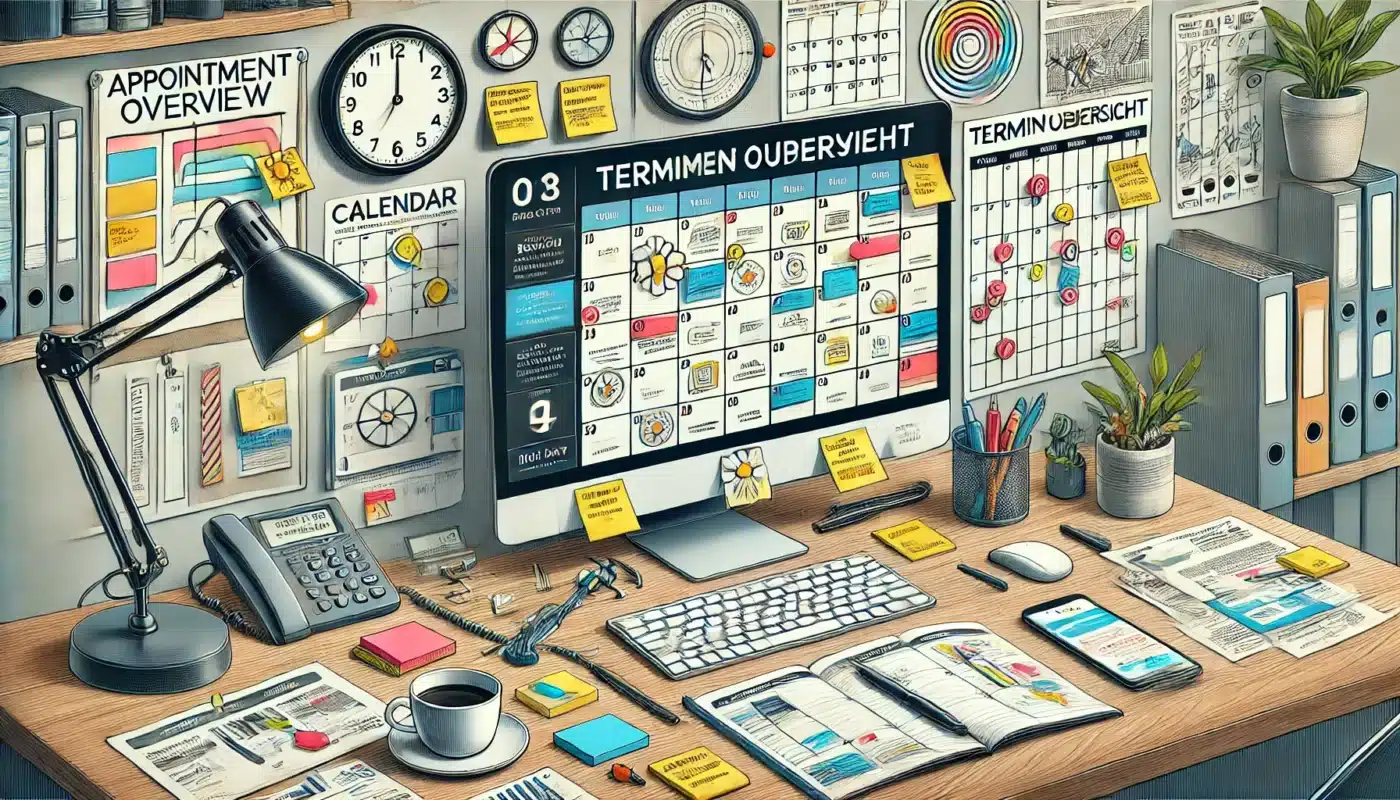 DALL·E 2024 07 09 13.28.53 A detailed illustration depicting the concept of appointment overview Terminuebersicht. The image shows a modern office desk with a computer screen d
