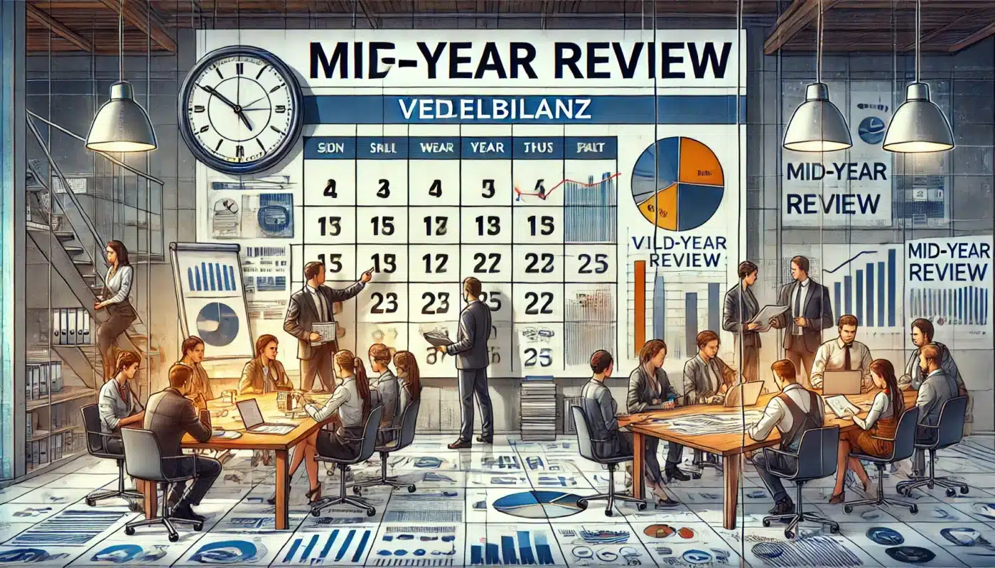 DALL·E 2024 07 09 13.35.40 A detailed illustration depicting the concept of mid year review Zwischenbilanz. The image shows a modern office setting with a large calendar on th