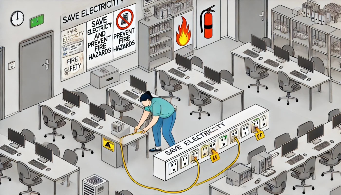 DALL·E 2024 07 19 07.57.08 A detailed illustration depicting the concept of saving electricity and preventing fire hazards. The image shows an office setting with multiple desks